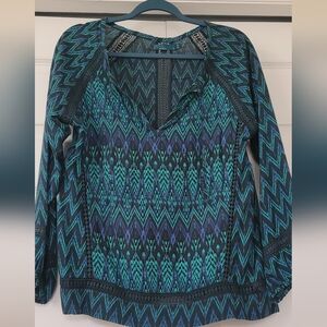 Prana Teal and Black Patterned Blouse
